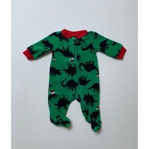 Carters Newborn Green Fleece Christmas Dinosaur Santa Hat Footed Pajamas NB
